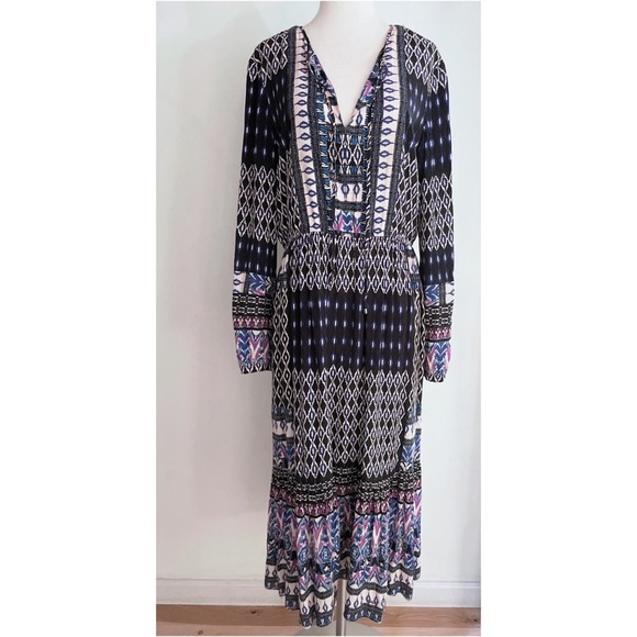 EUC Hale Bob Tassel Trim Geometric Pattern Boho V-neck Midi Dress  M​​​ - Picture 2 of 8